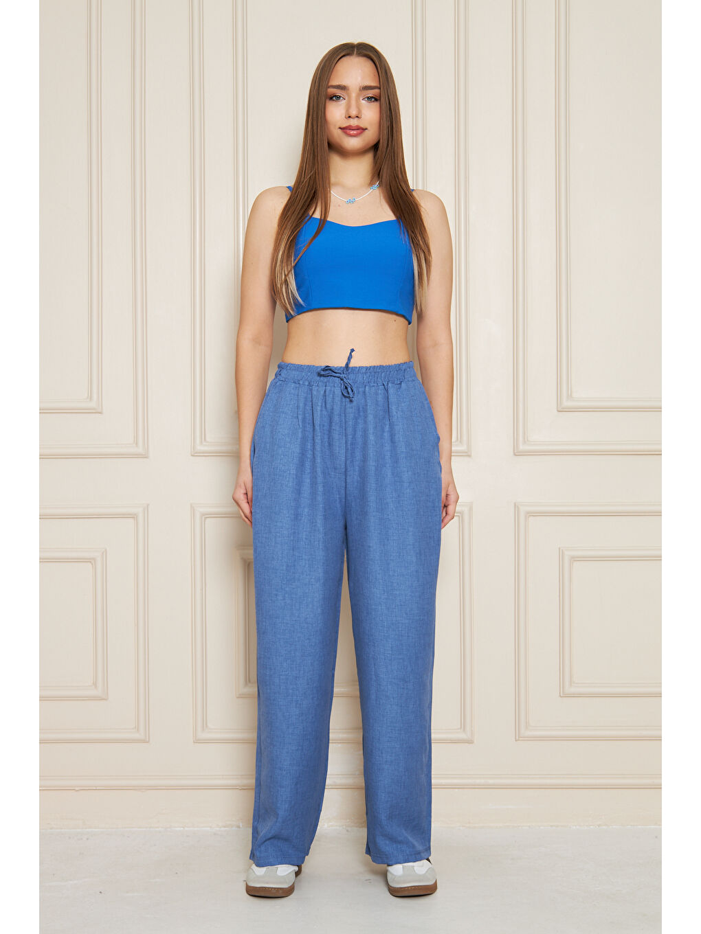 Kadın Trend Yüksek Bel Lastikli İndigo Bol Pantolon-5