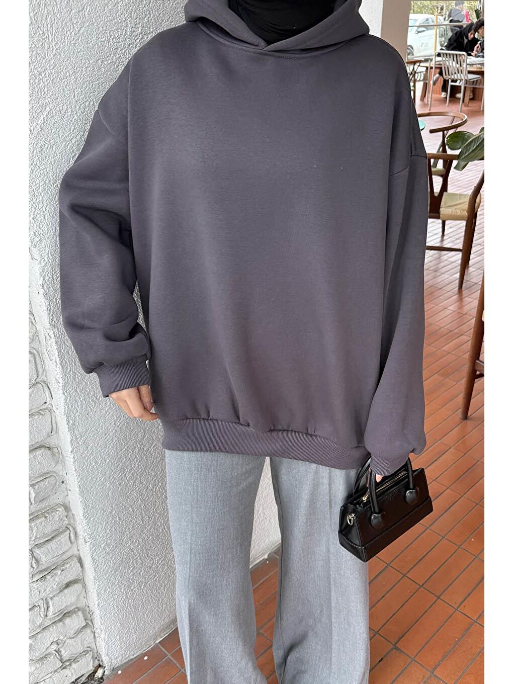 Kapüşonlu Salaş Sweatshirt Antrasit-2