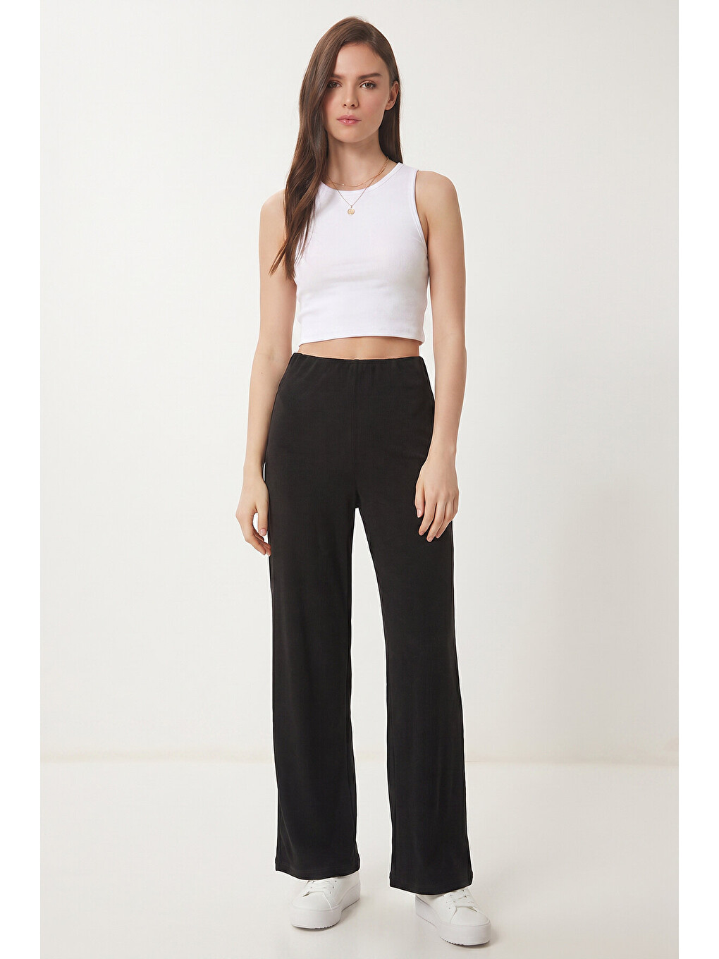 Siyah Geniş Paça Fitilli Modal Pantolon SİYAH LUB0348-1