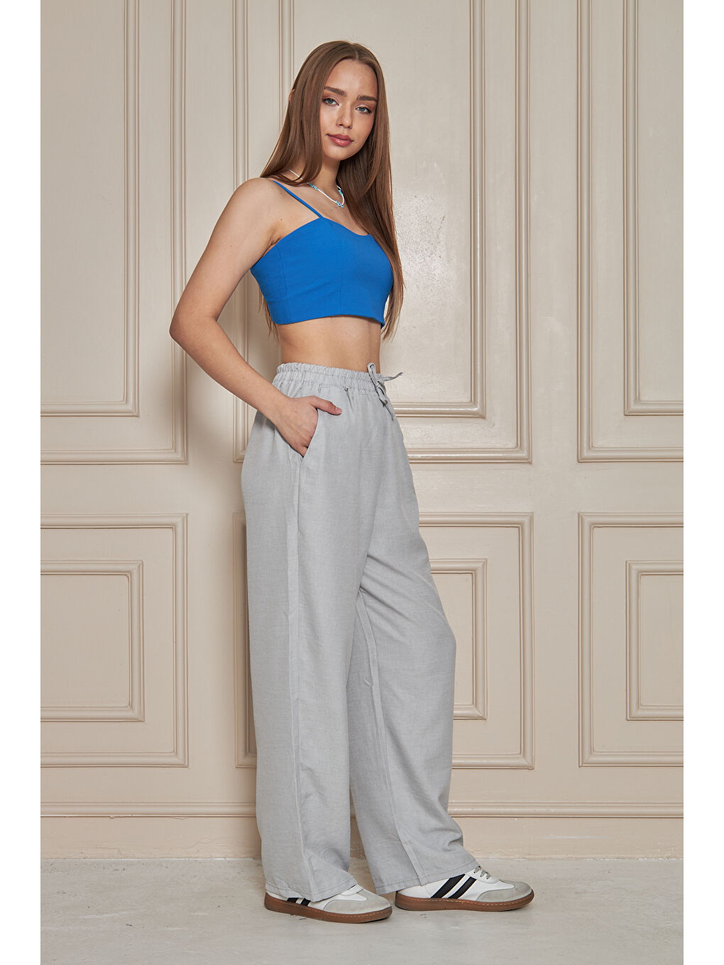 Kadın Trend Yüksek Bel Lastikli Gri Bol Pantolon-3