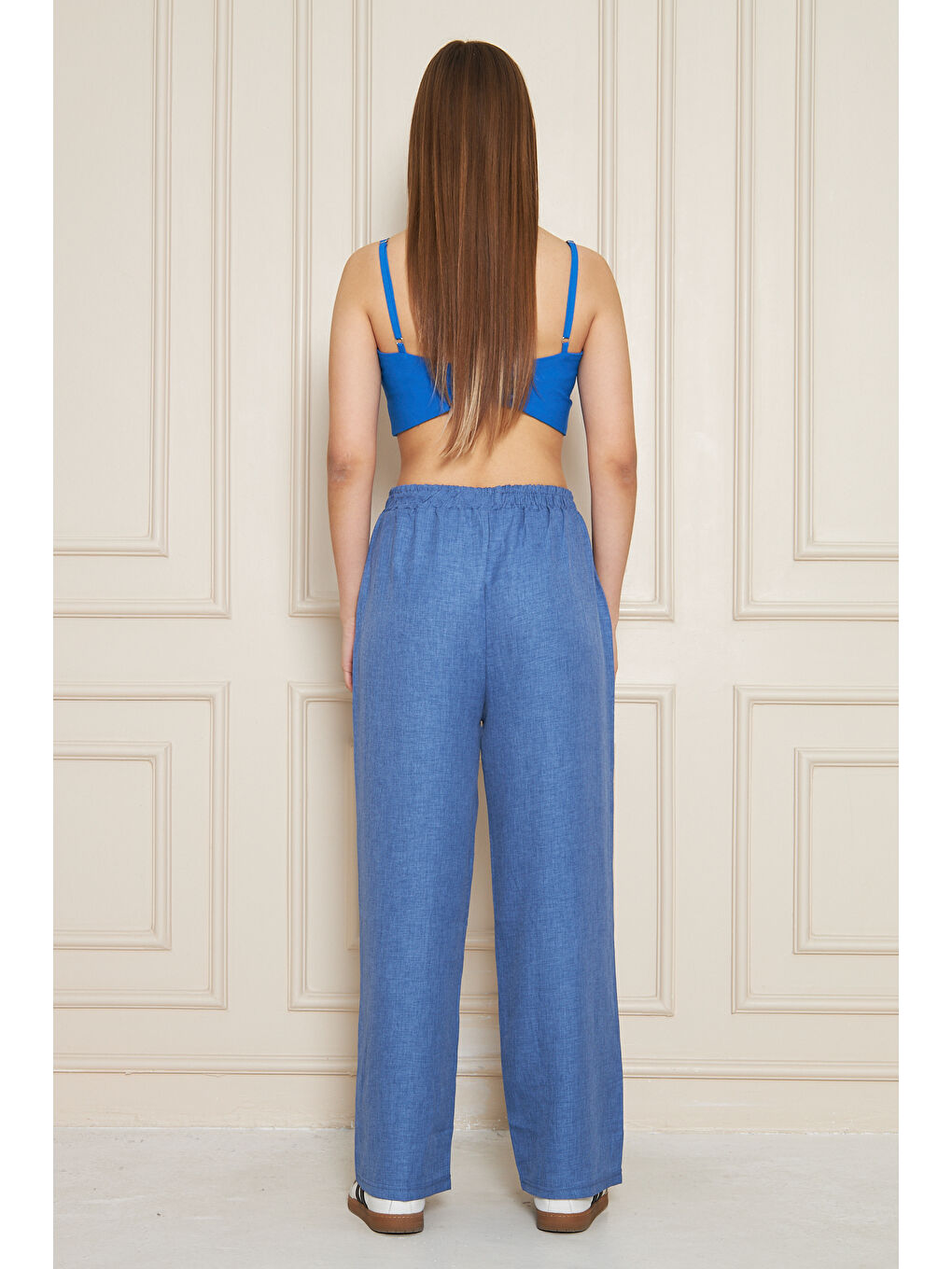 Kadın Trend Yüksek Bel Lastikli İndigo Bol Pantolon-6