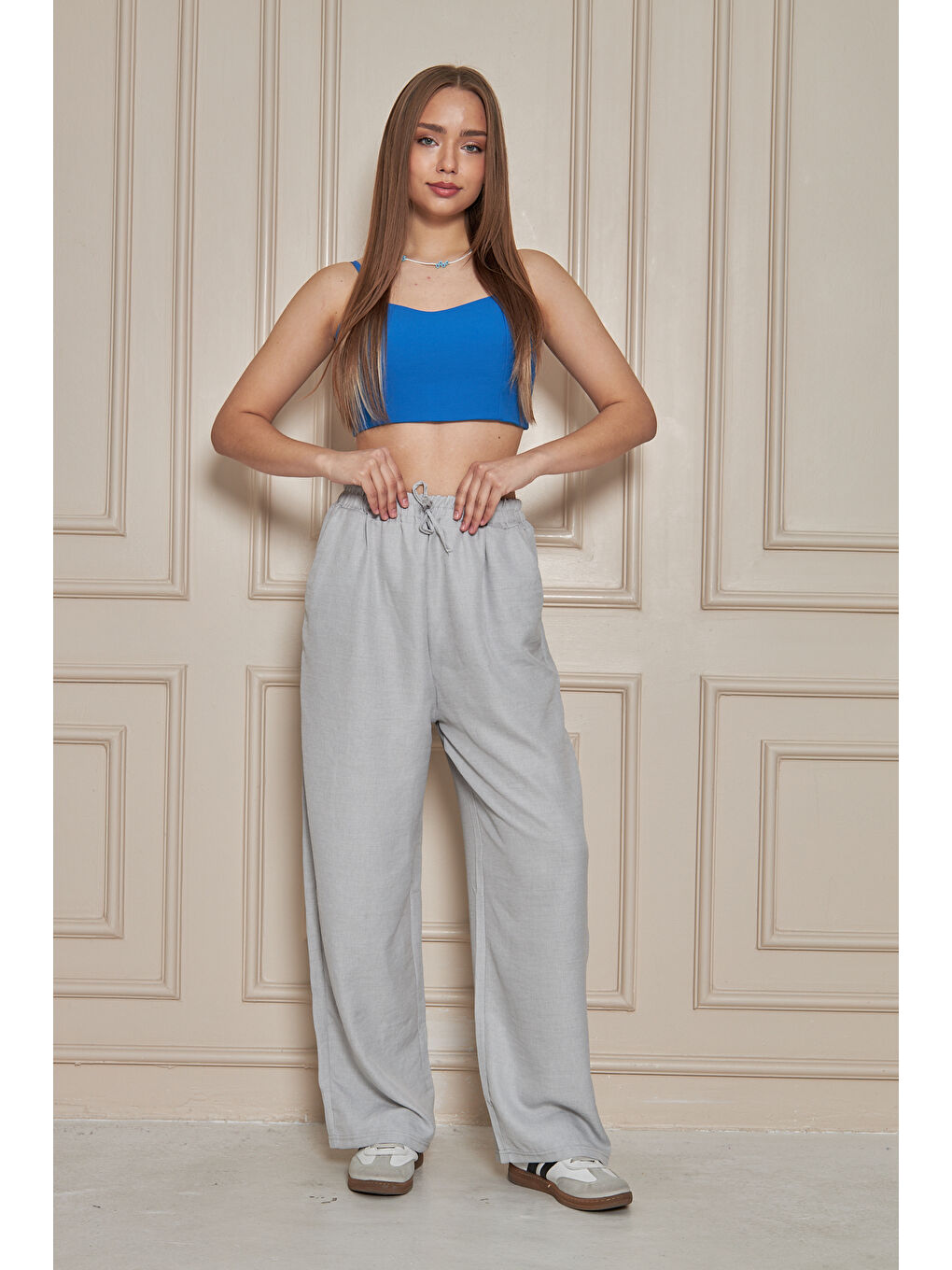 Kadın Trend Yüksek Bel Lastikli Gri Bol Pantolon-5