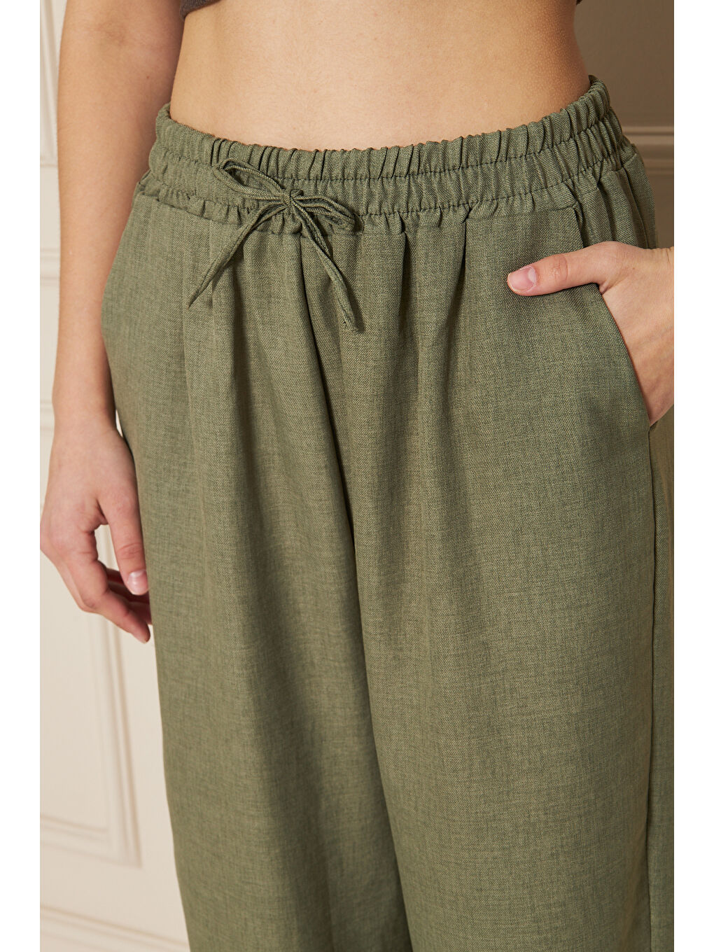 Kadın Trend Yüksek Bel Lastikli Haki Bol Pantolon-3