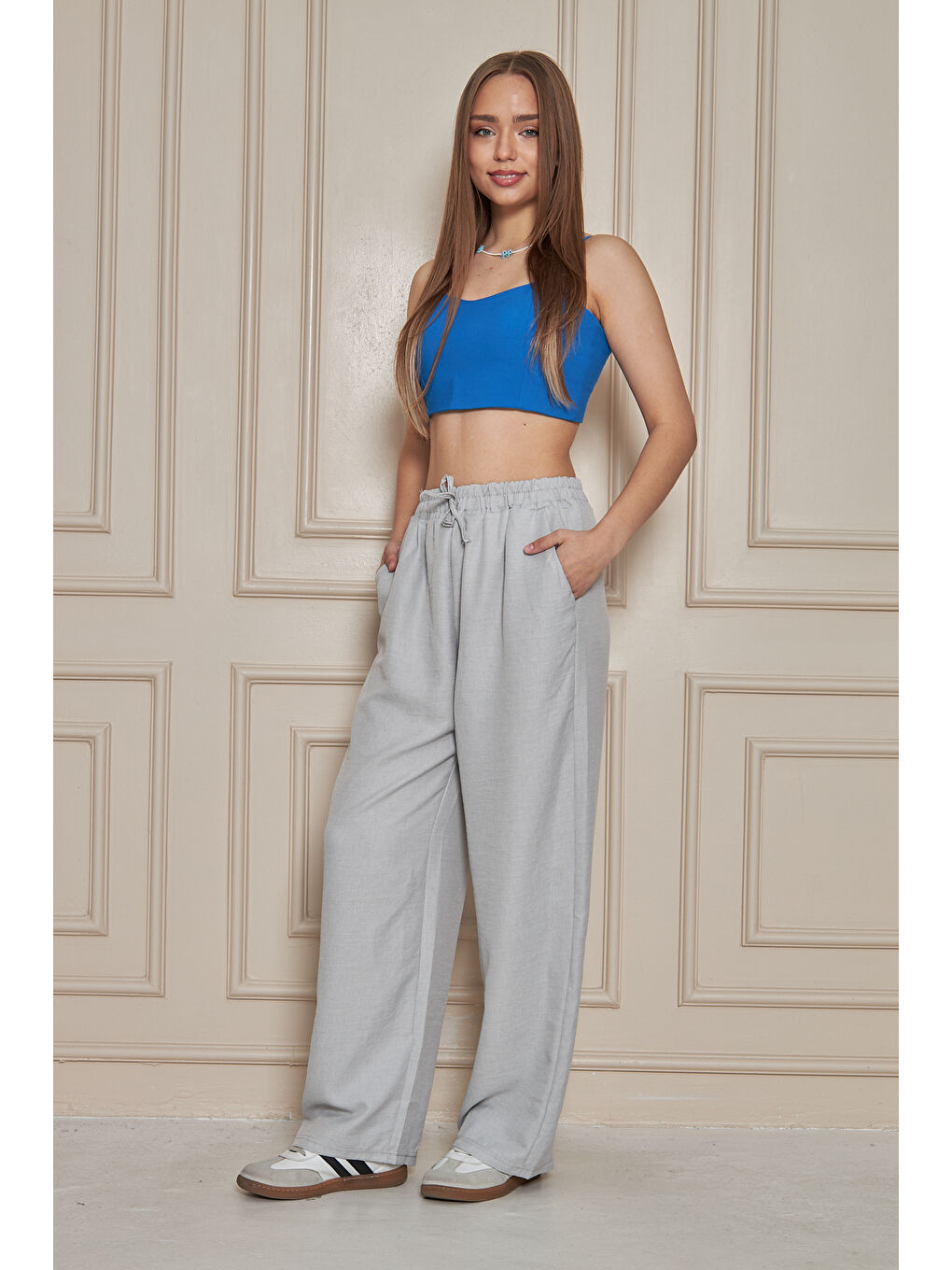 Kadın Trend Yüksek Bel Lastikli Gri Bol Pantolon-6