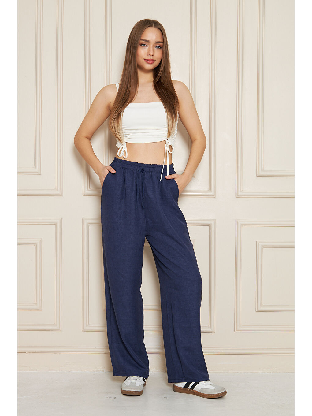 Kadın Trend Yüksek Bel Lastikli Lacivert Bol Pantolon