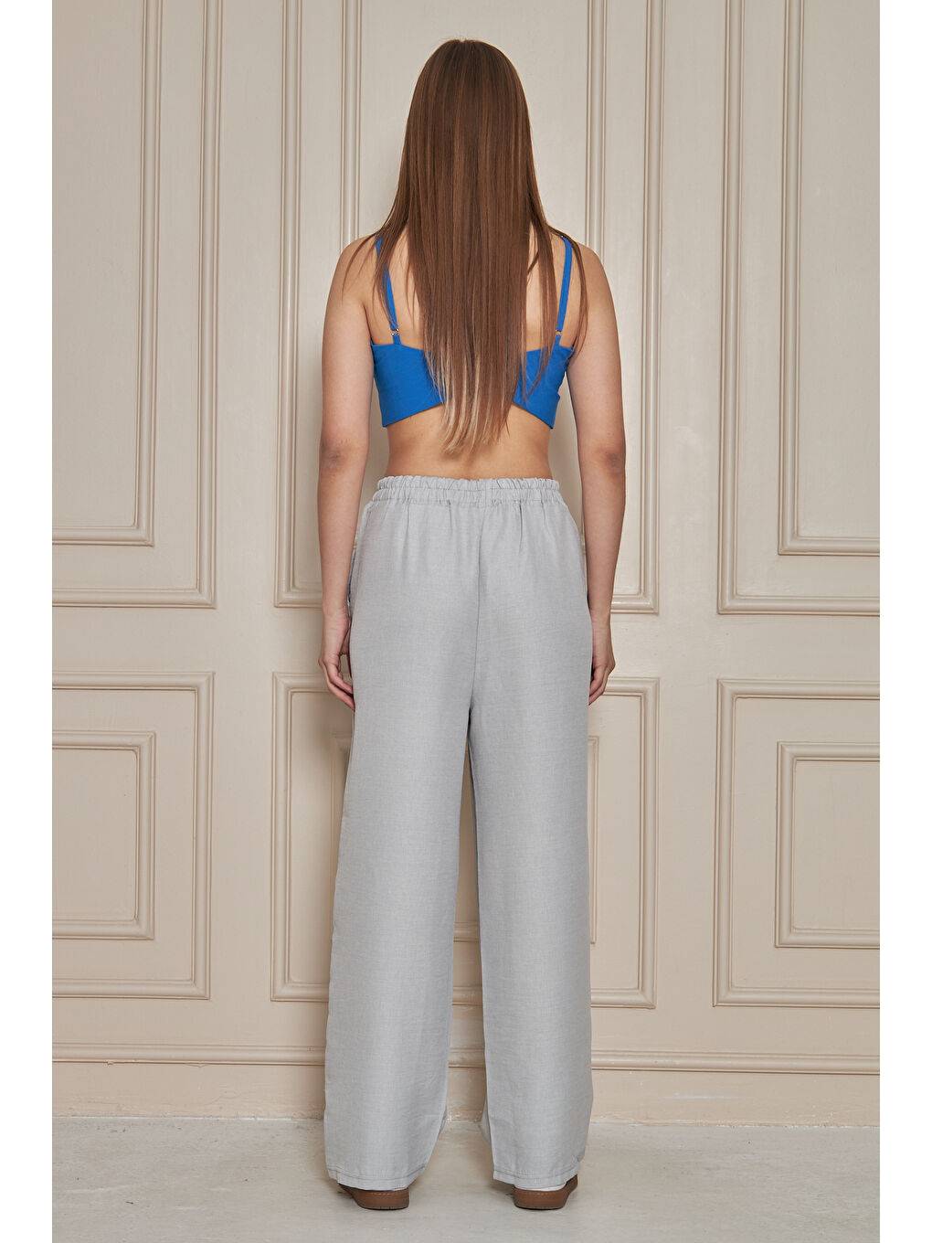 Kadın Trend Yüksek Bel Lastikli Gri Bol Pantolon-7