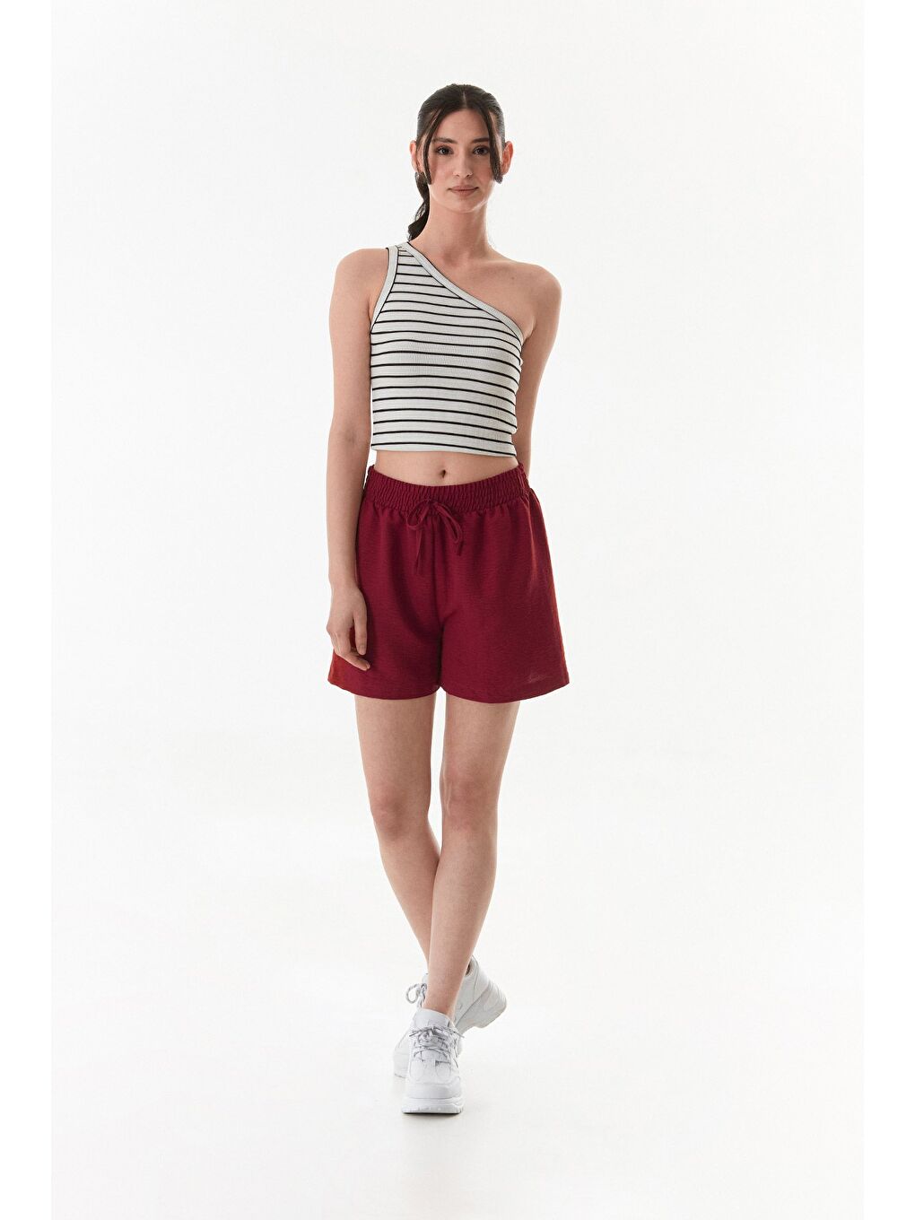 Bordo Basic Ayrobin Kumaş Beli Bağcıklı Şort
