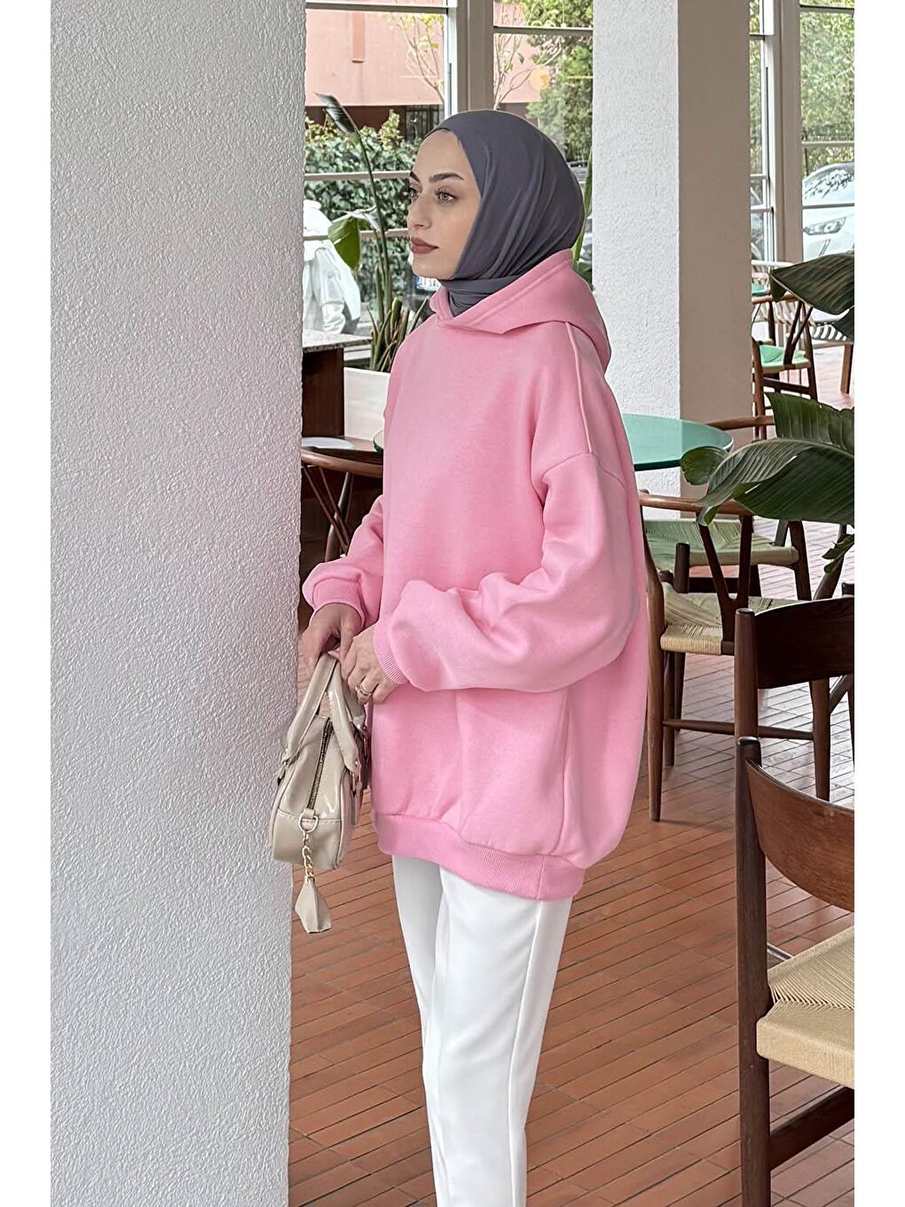 Kapüşonlu Salaş Sweatshirt Şeker Pembesi-1