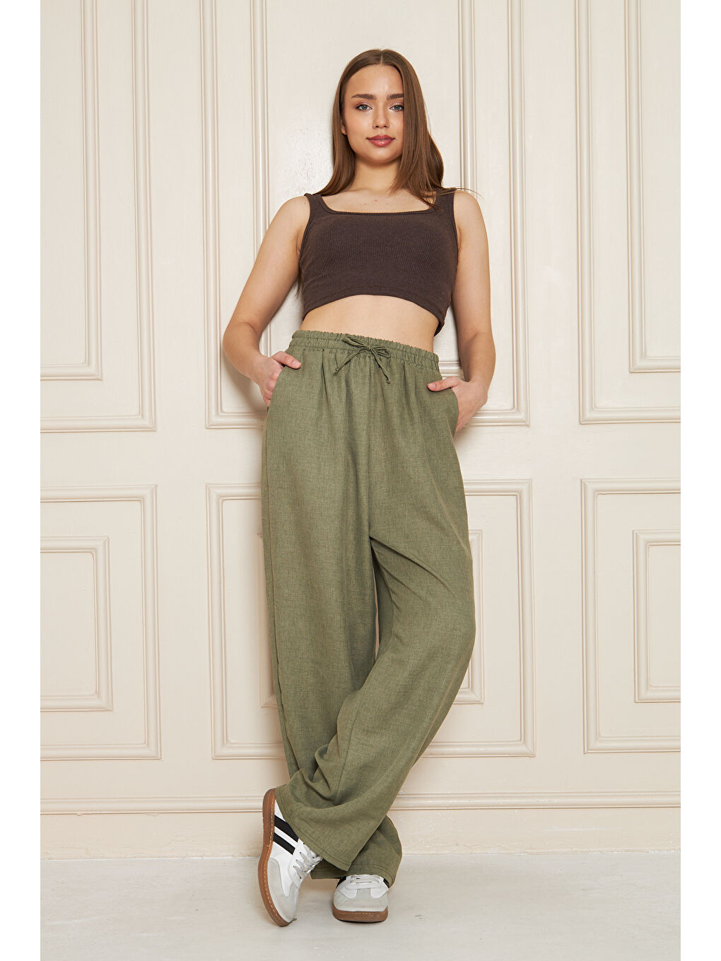 Kadın Trend Yüksek Bel Lastikli Haki Bol Pantolon-4