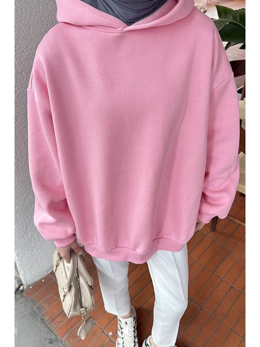 Kapüşonlu Salaş Sweatshirt Şeker Pembesi-2