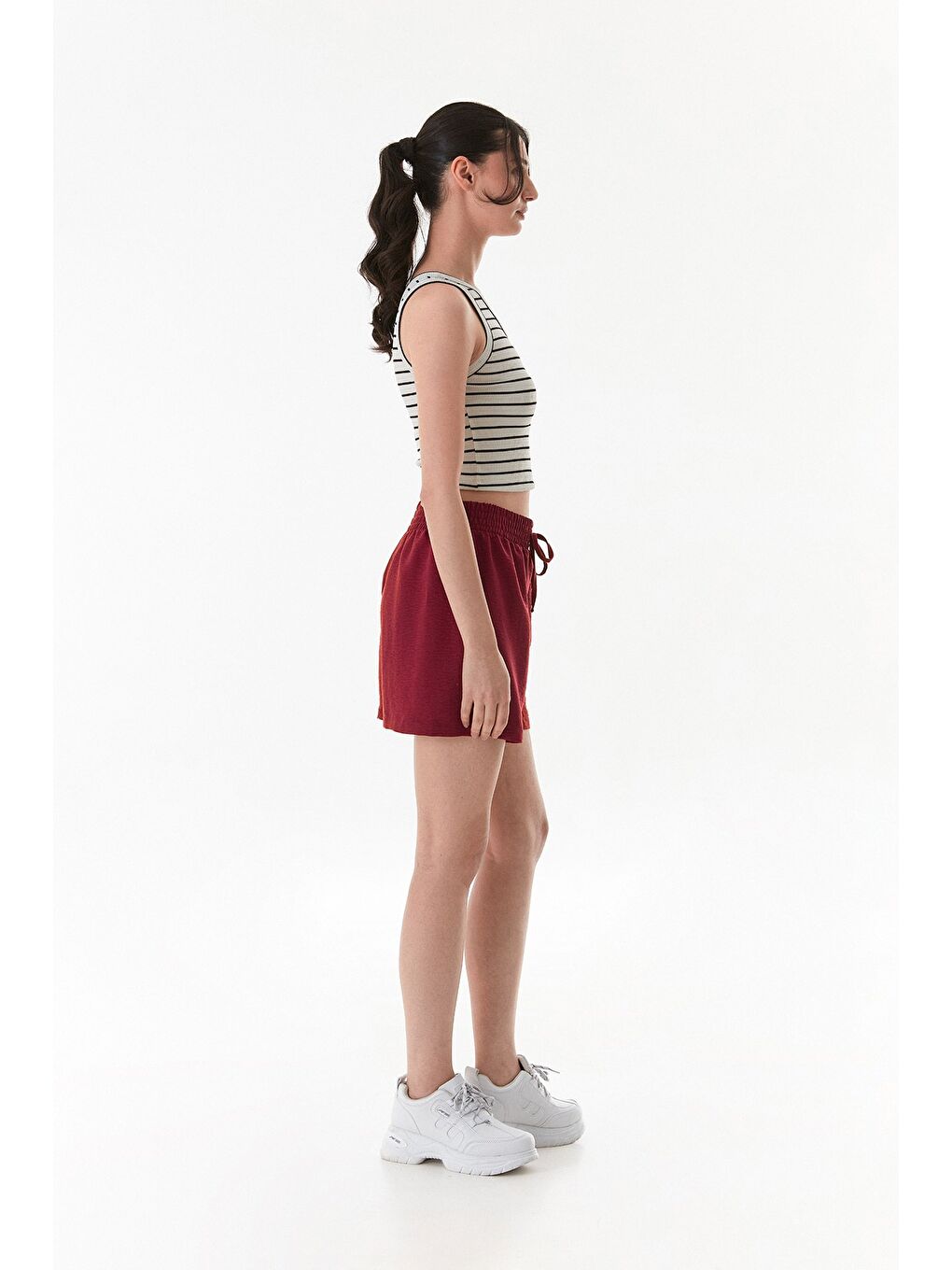 Bordo Basic Ayrobin Kumaş Beli Bağcıklı Şort-4
