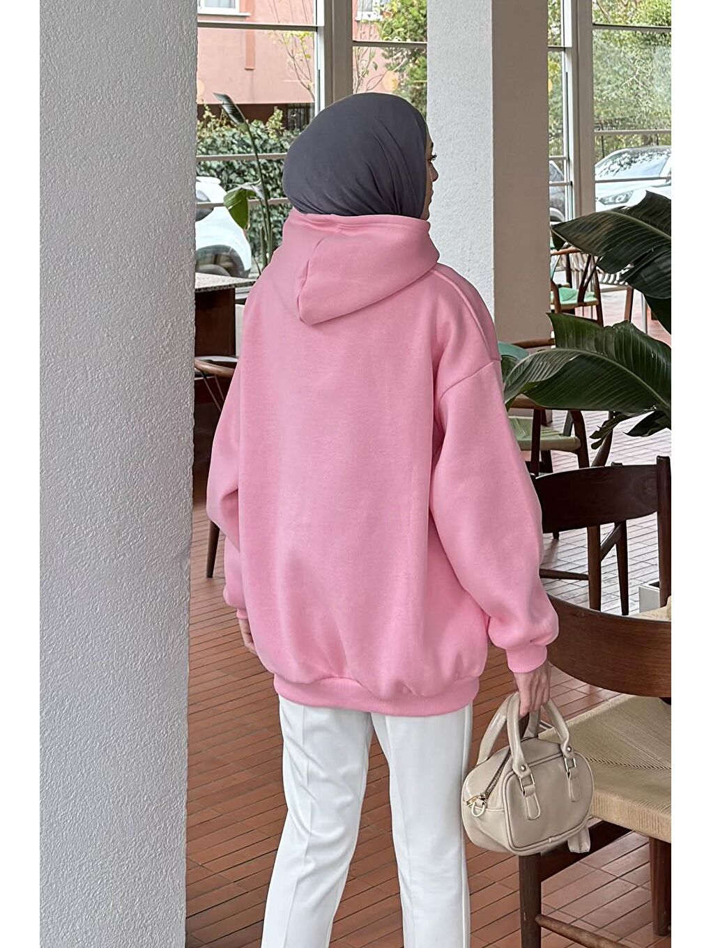 Kapüşonlu Salaş Sweatshirt Şeker Pembesi-3