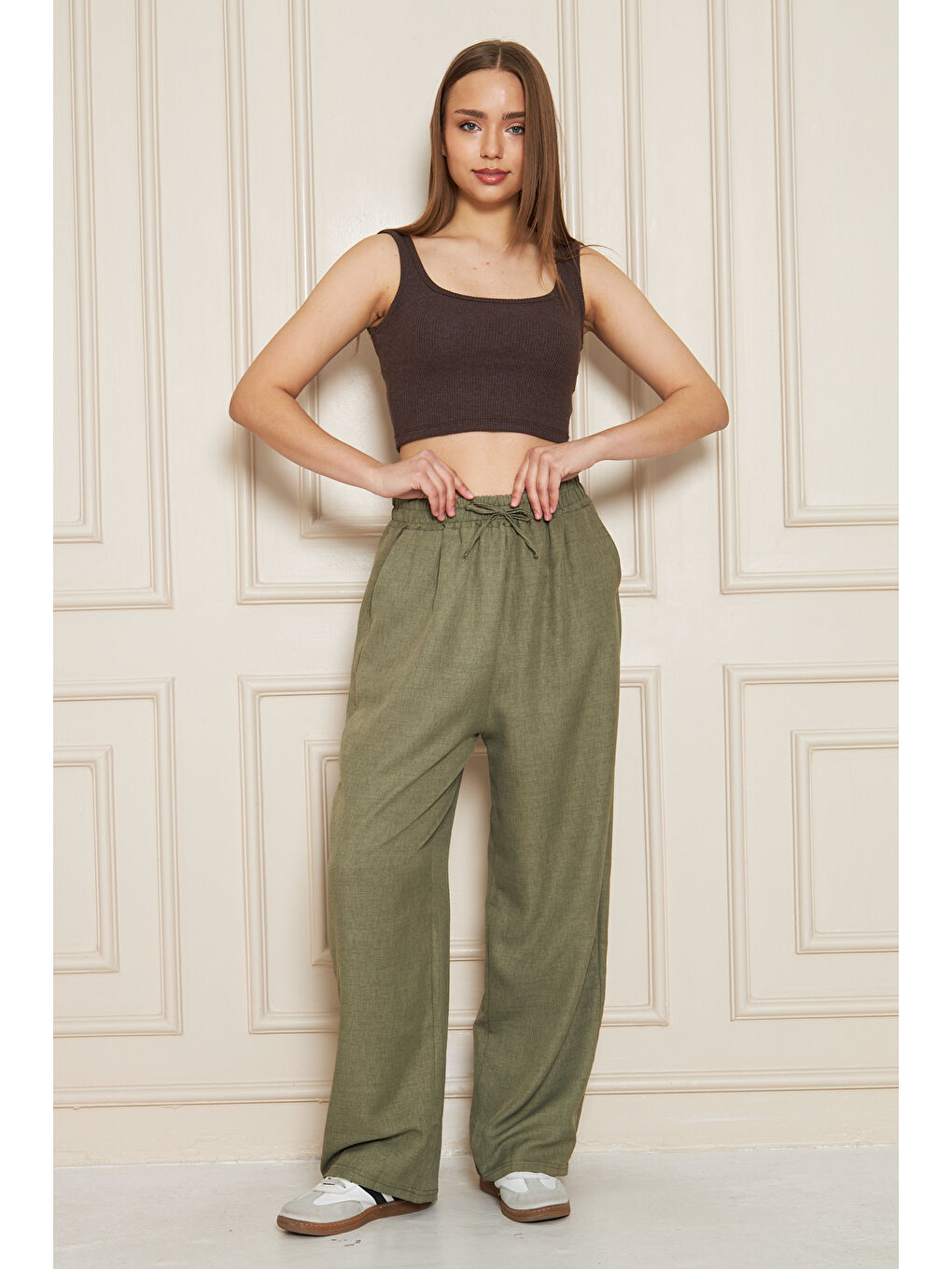 Kadın Trend Yüksek Bel Lastikli Haki Bol Pantolon-5