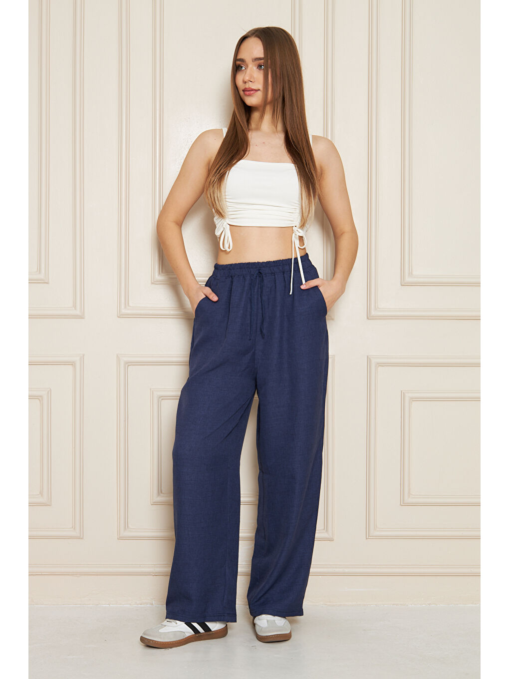 Kadın Trend Yüksek Bel Lastikli Lacivert Bol Pantolon-1