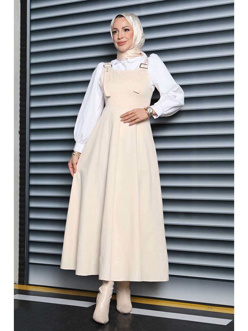 Ekru Askılı Gabardin Salopet Krem - 27832-KREM