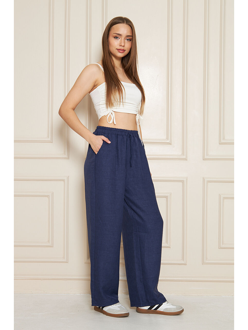 Kadın Trend Yüksek Bel Lastikli Lacivert Bol Pantolon-3