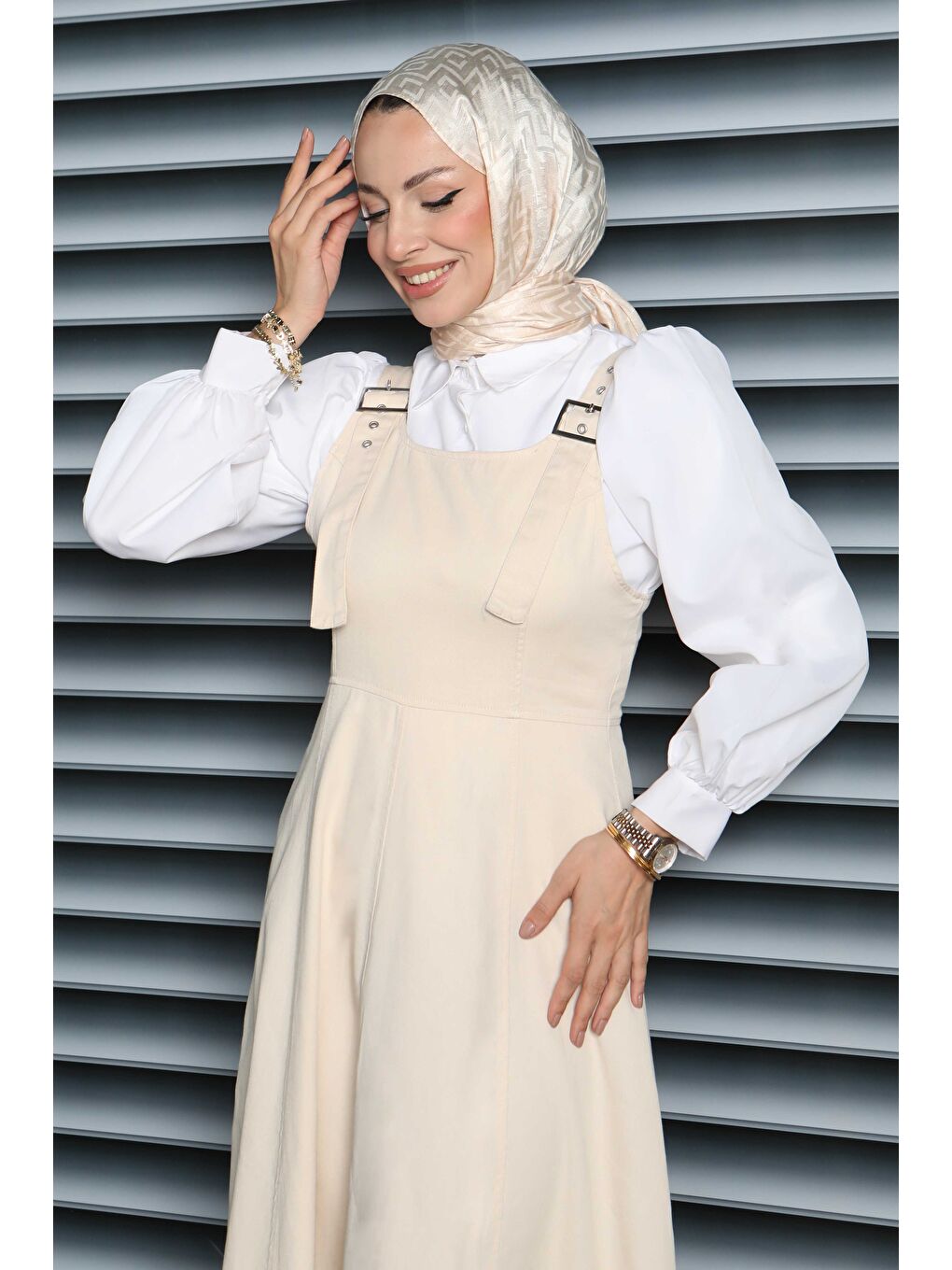 Ekru Askılı Gabardin Salopet Krem - 27832-KREM-1