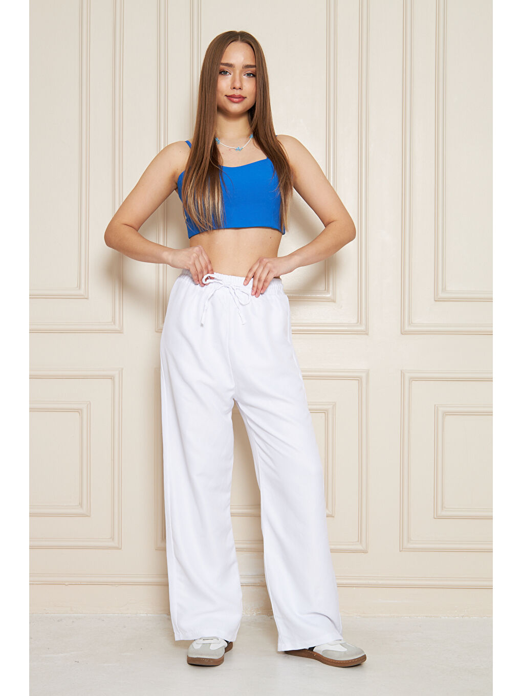 Kadın Trend Yüksek Bel Lastikli Beyaz Bol Pantolon-1