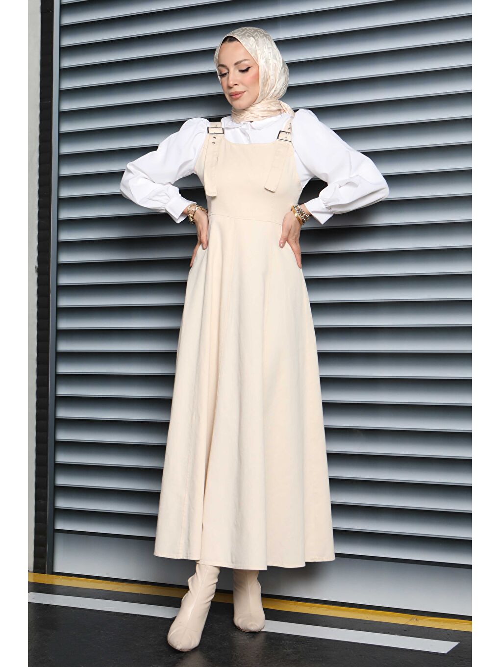 Ekru Askılı Gabardin Salopet Krem - 27832-KREM-2