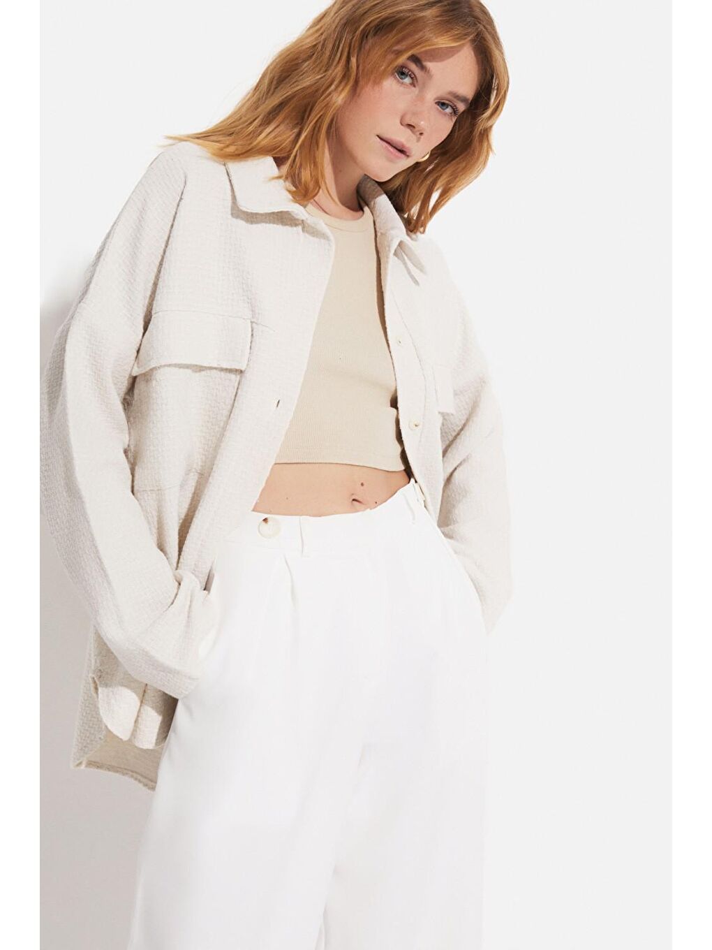 Ekru Cep Detaylı Gömlek-3