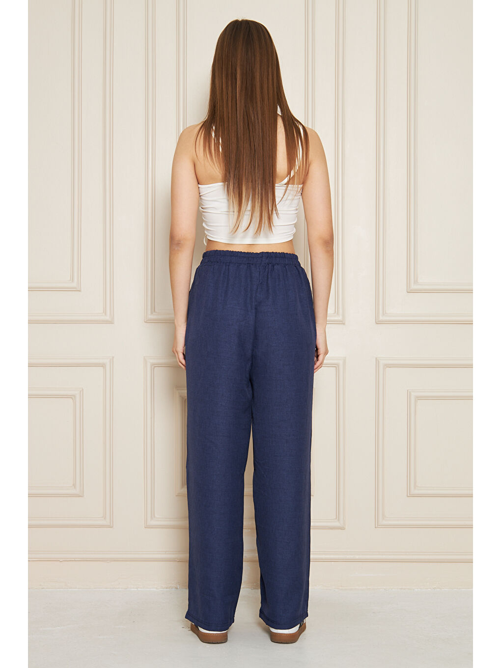 Kadın Trend Yüksek Bel Lastikli Lacivert Bol Pantolon-6