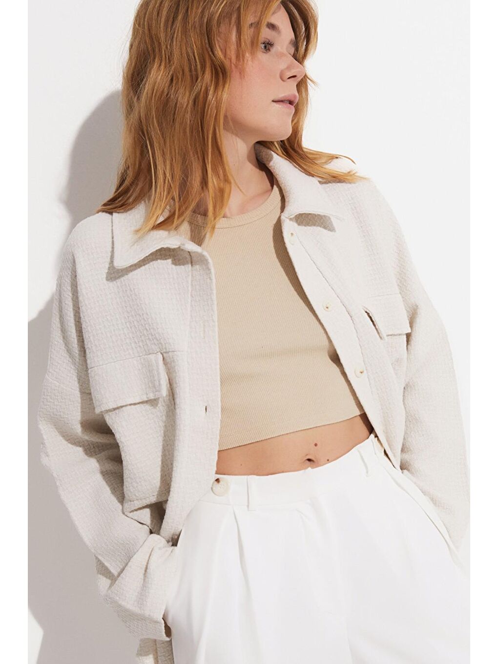 Ekru Cep Detaylı Gömlek-4