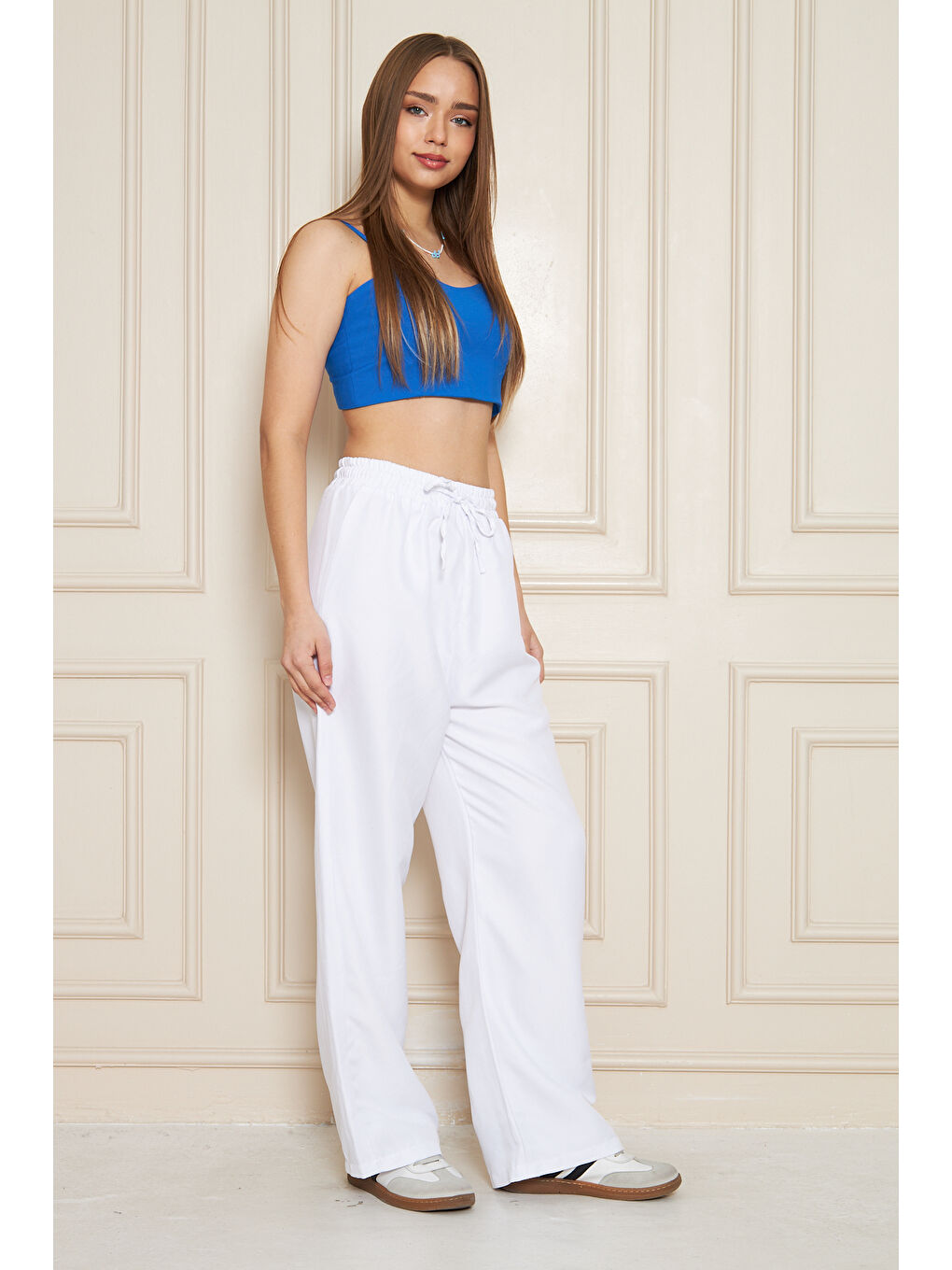 Kadın Trend Yüksek Bel Lastikli Beyaz Bol Pantolon-3