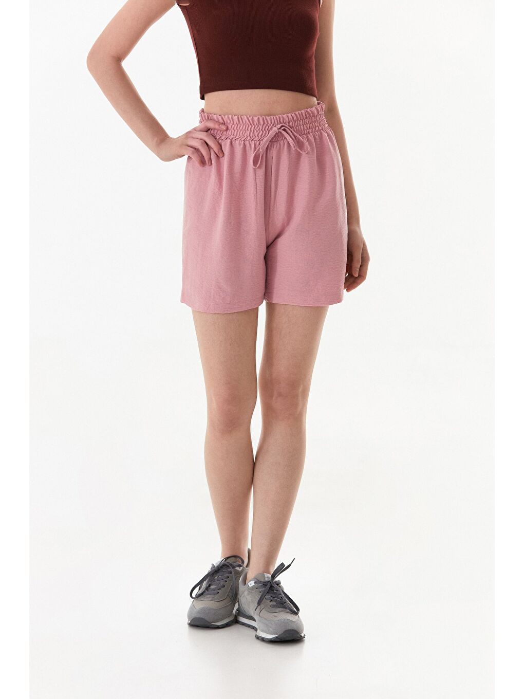 Pembe Basic Ayrobin Kumaş Beli Bağcıklı Şort-1