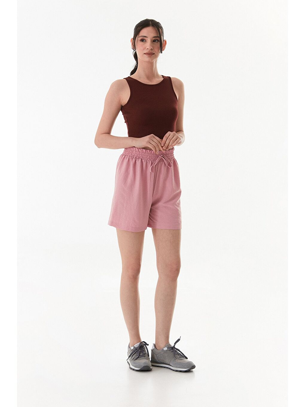 Pembe Basic Ayrobin Kumaş Beli Bağcıklı Şort-2