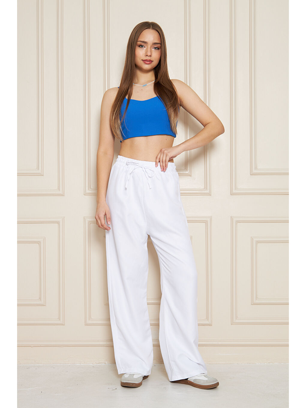 Kadın Trend Yüksek Bel Lastikli Beyaz Bol Pantolon-5