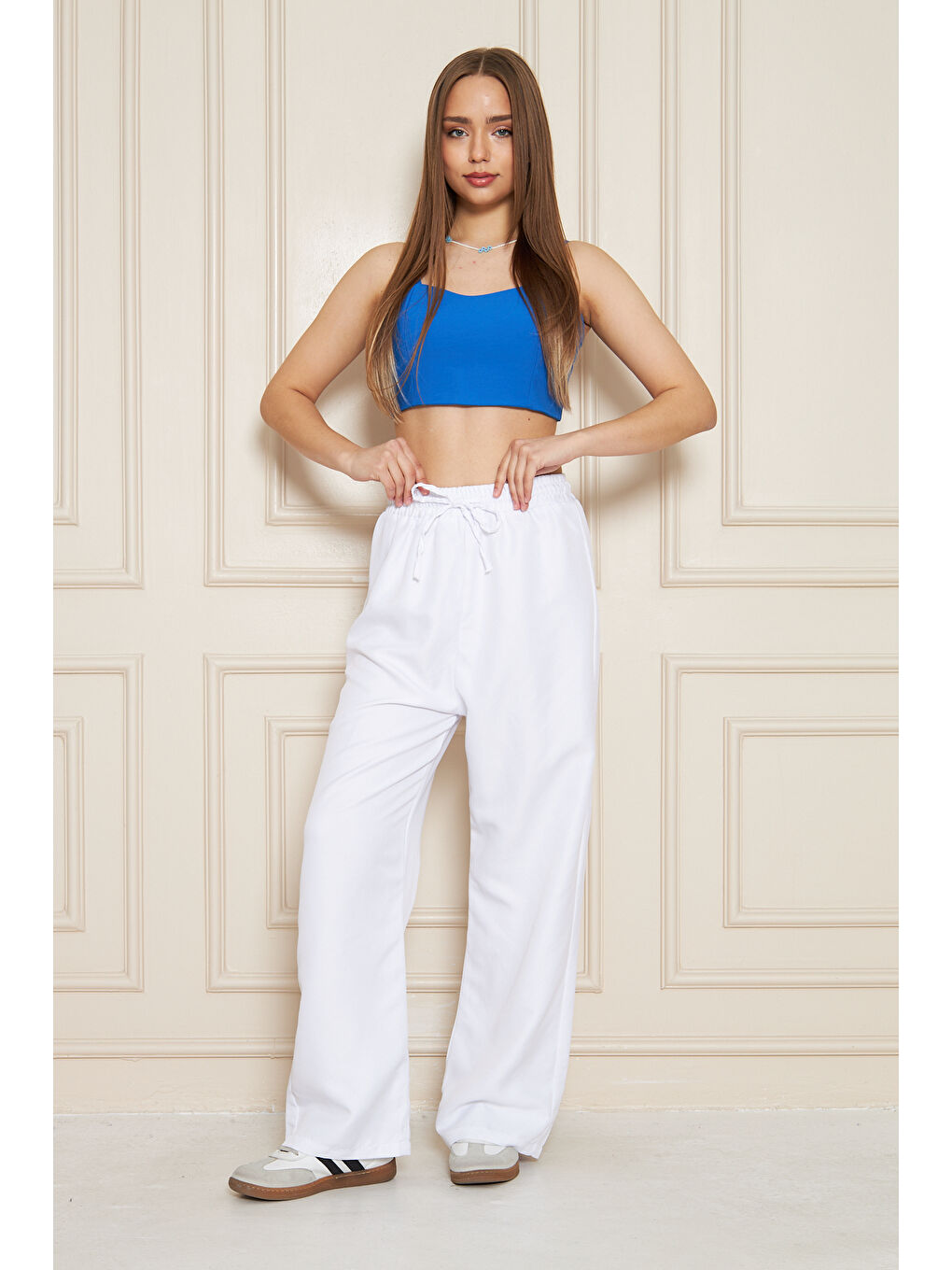 Kadın Trend Yüksek Bel Lastikli Beyaz Bol Pantolon-6