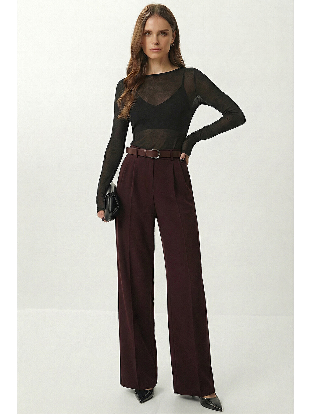 Kemerli Geniş Paça Esnek Örme Pantolon Bordo Lzv0045