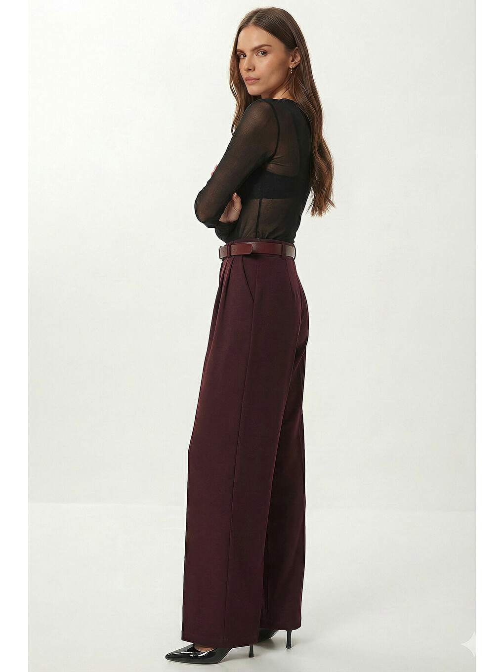 Kemerli Geniş Paça Esnek Örme Pantolon Bordo Lzv0045-1