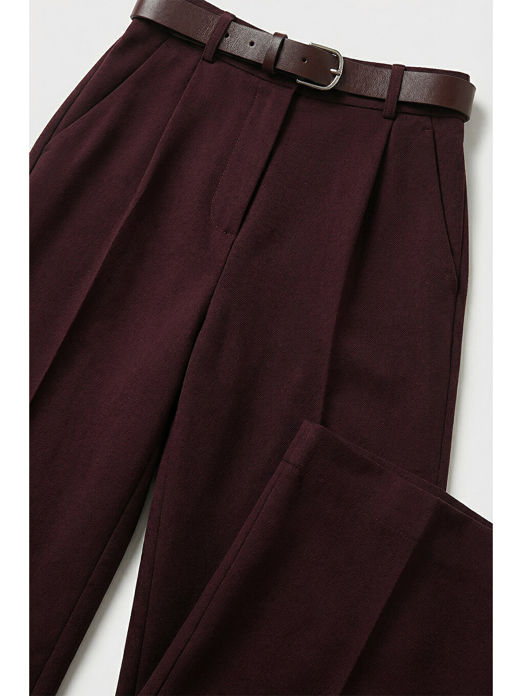 Kemerli Geniş Paça Esnek Örme Pantolon Bordo Lzv0045-2