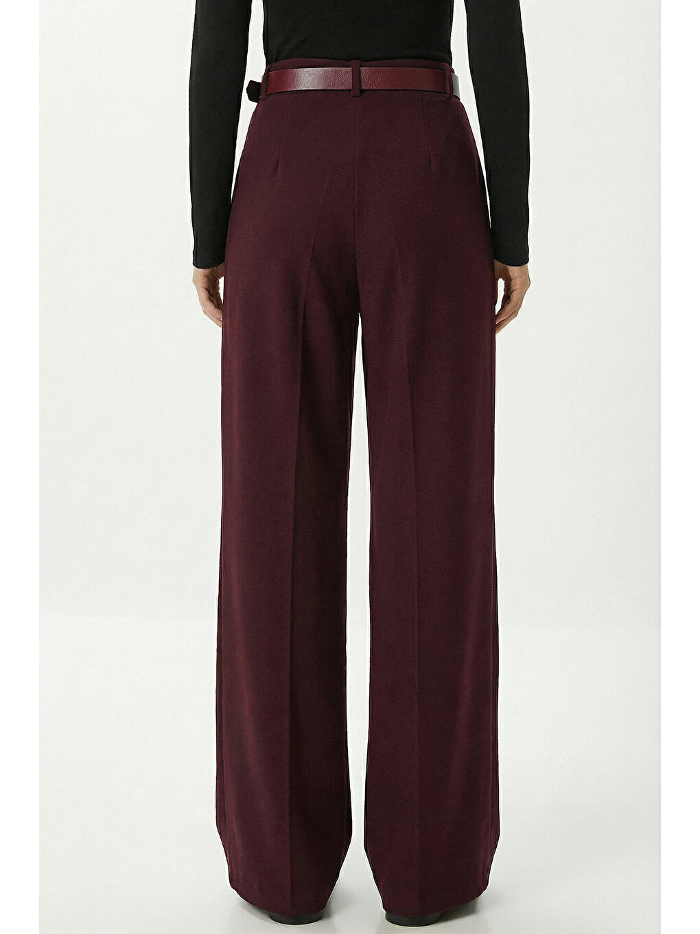 Kemerli Geniş Paça Esnek Örme Pantolon Bordo Lzv0045-3