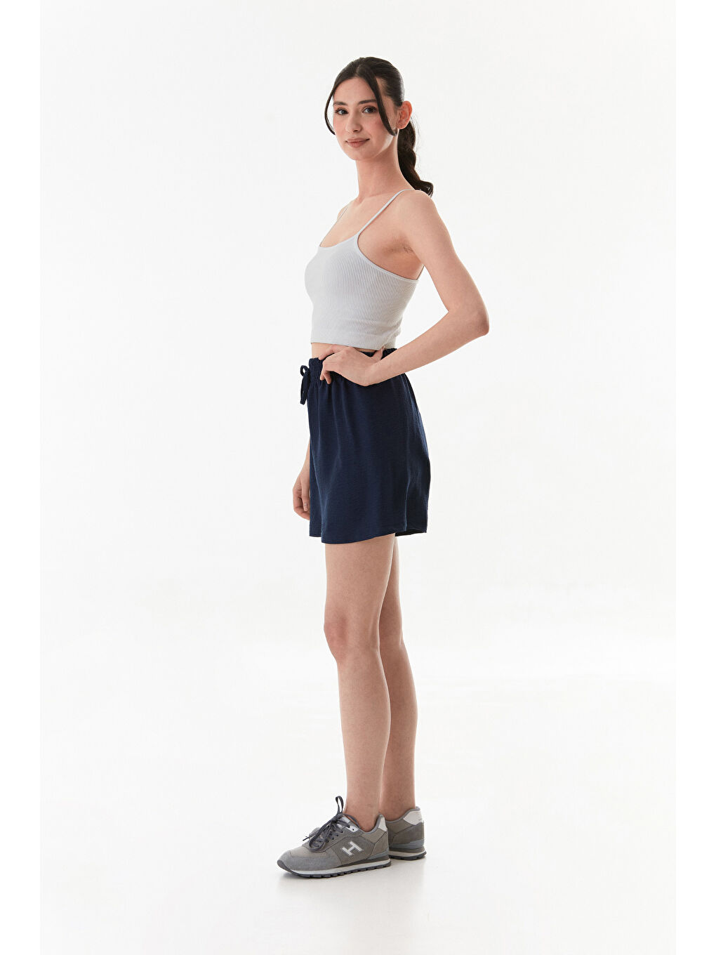 Lacivert Basic Ayrobin Kumaş Beli Bağcıklı Şort-2