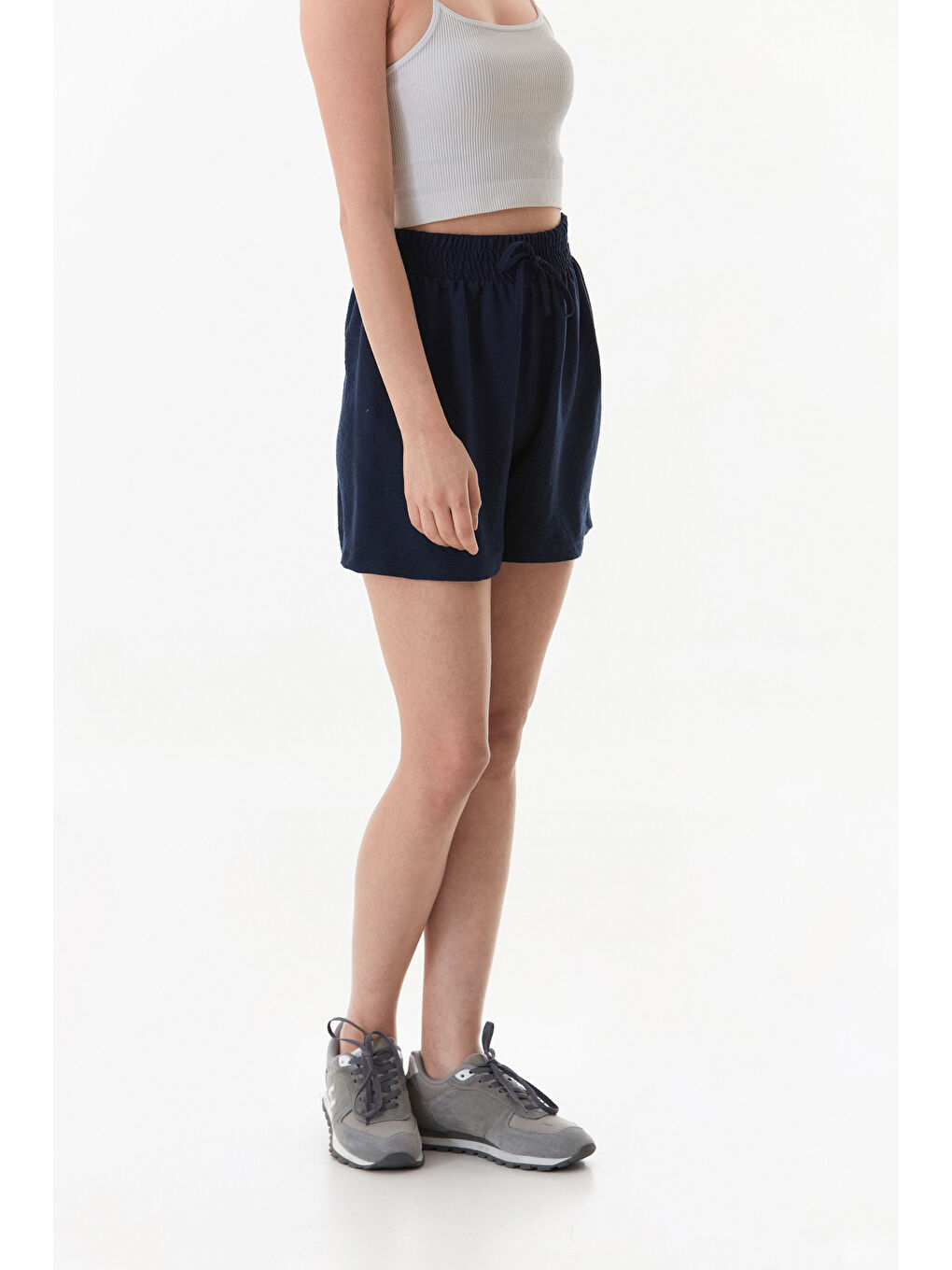 Lacivert Basic Ayrobin Kumaş Beli Bağcıklı Şort-3