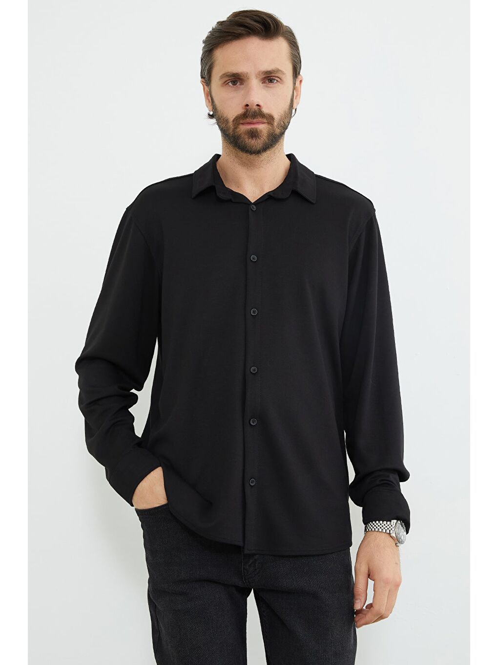 Siyah Basic Uzun Kol Modal Gömlek