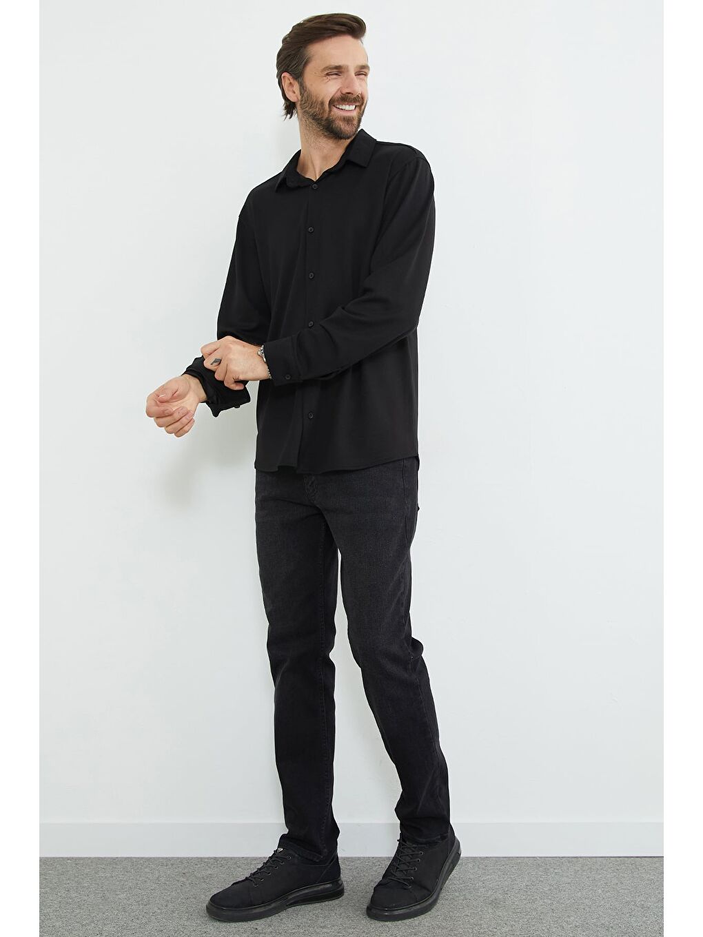 Siyah Basic Uzun Kol Modal Gömlek-1