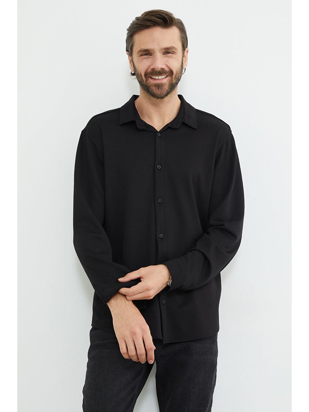 Siyah Basic Uzun Kol Modal Gömlek-2