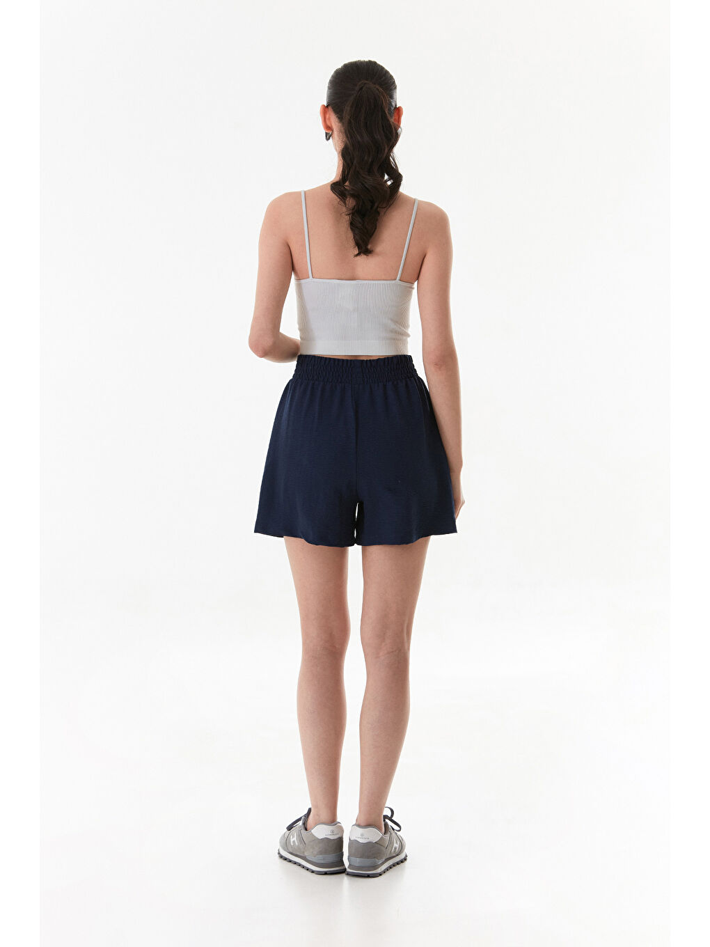 Lacivert Basic Ayrobin Kumaş Beli Bağcıklı Şort-4
