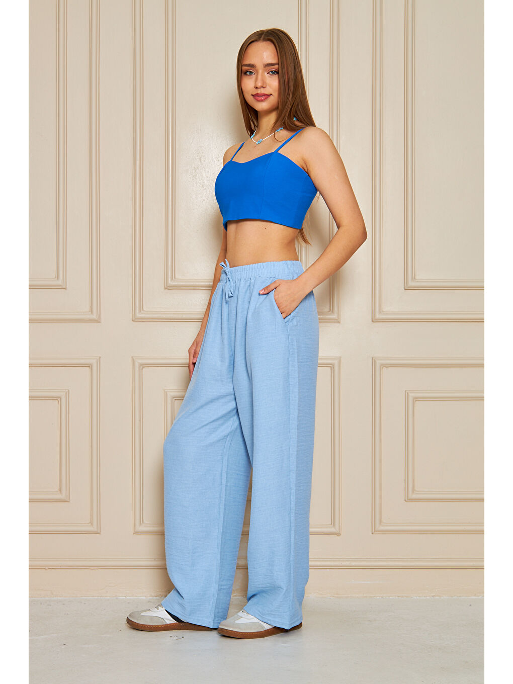 Ekru Kadın Trend Yüksek Bel Lastikli B.Mavi Bol Pantolon-2
