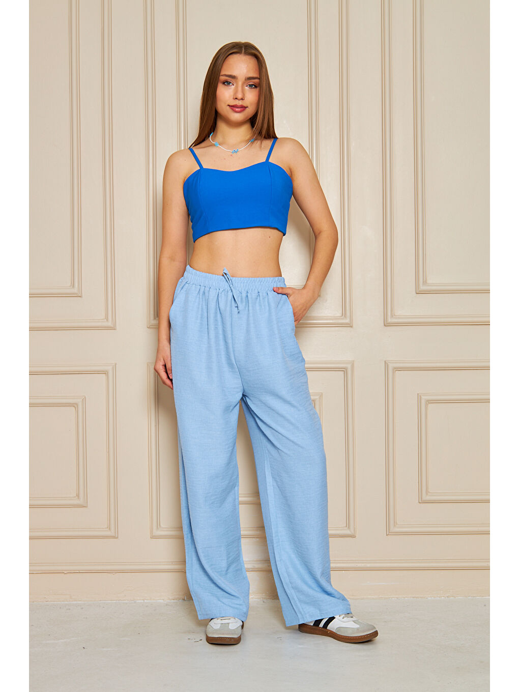Ekru Kadın Trend Yüksek Bel Lastikli B.Mavi Bol Pantolon-3