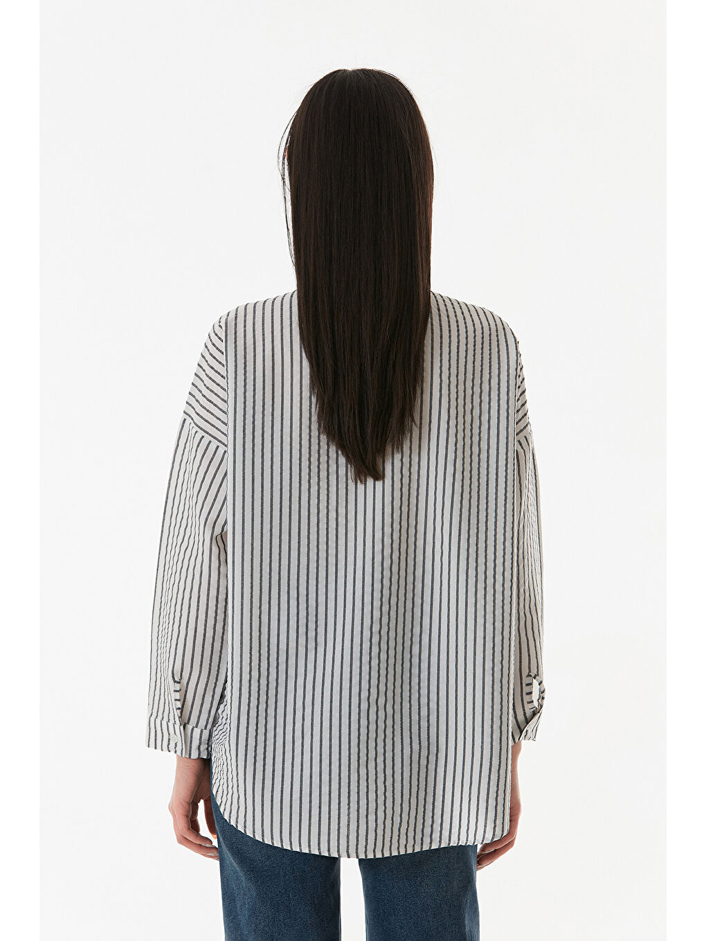 Siyah Çizgili Kurdele Baskılı Arkası Uzun Salaş Gömlek-2