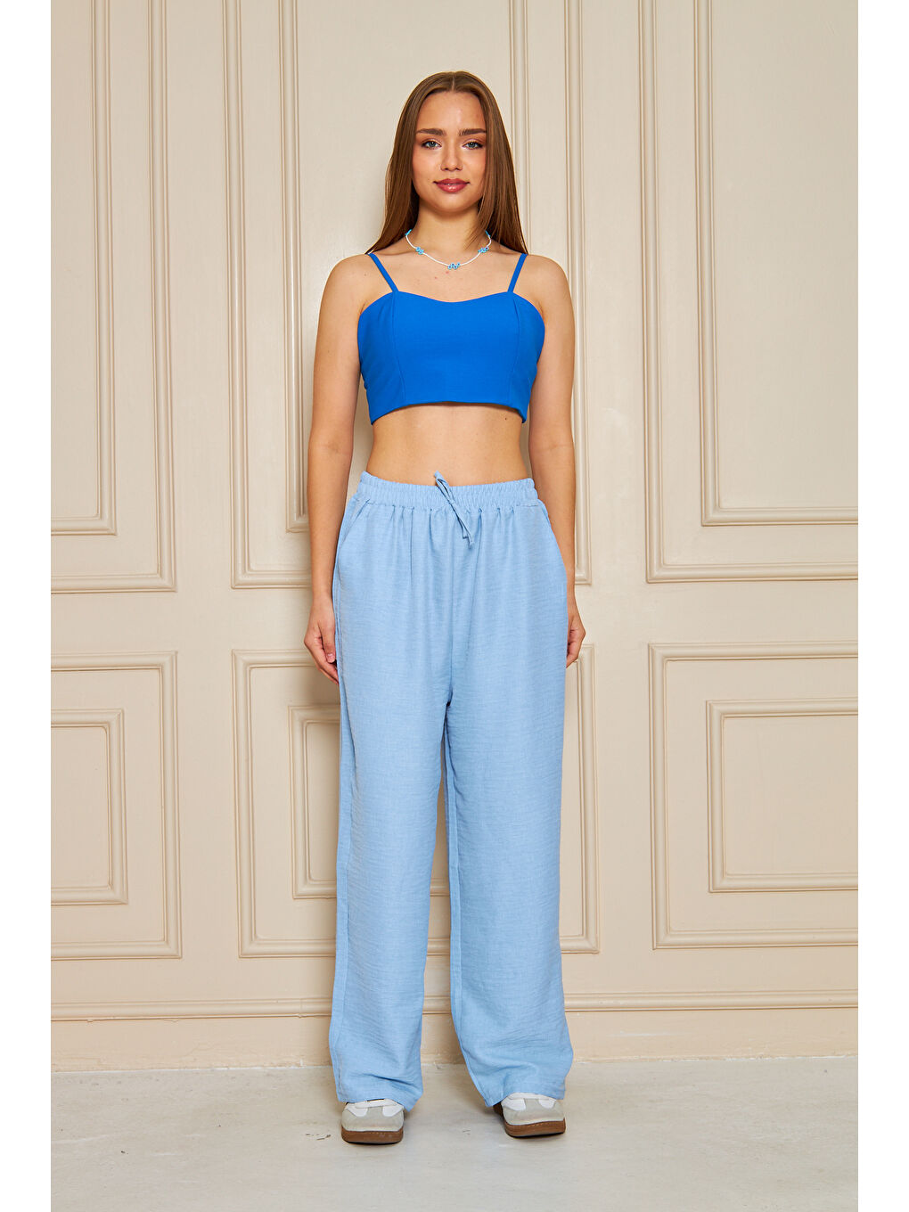 Ekru Kadın Trend Yüksek Bel Lastikli B.Mavi Bol Pantolon-5