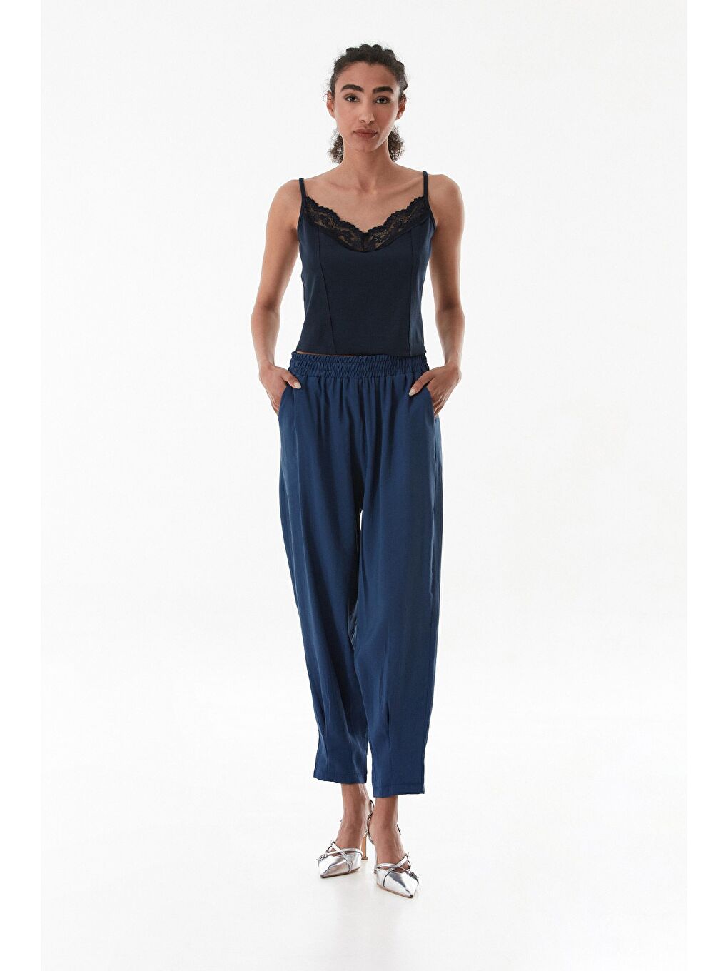 Lacivert Beli Lastikli Cepli Şalvar Pantolon