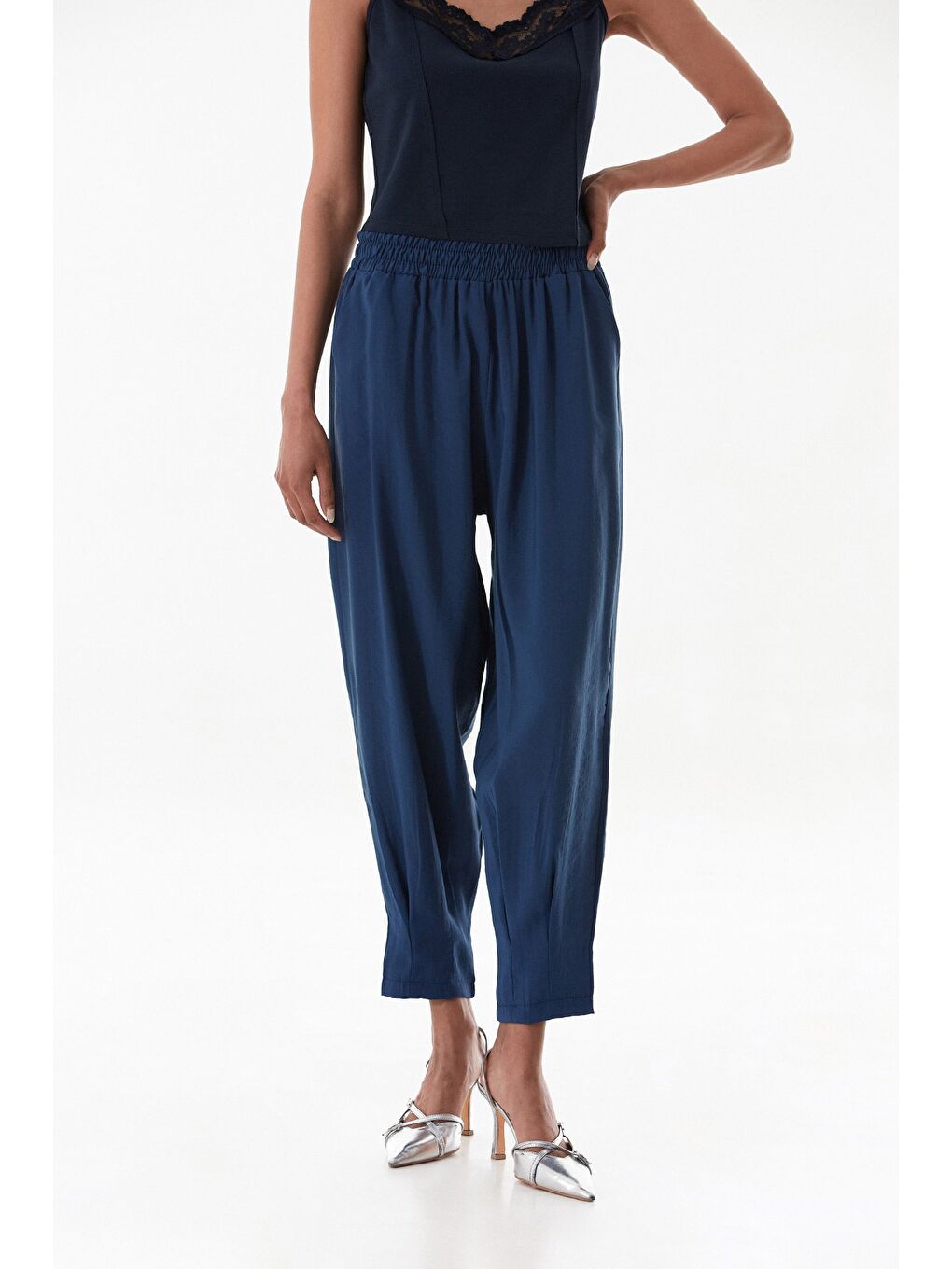 Lacivert Beli Lastikli Cepli Şalvar Pantolon-1