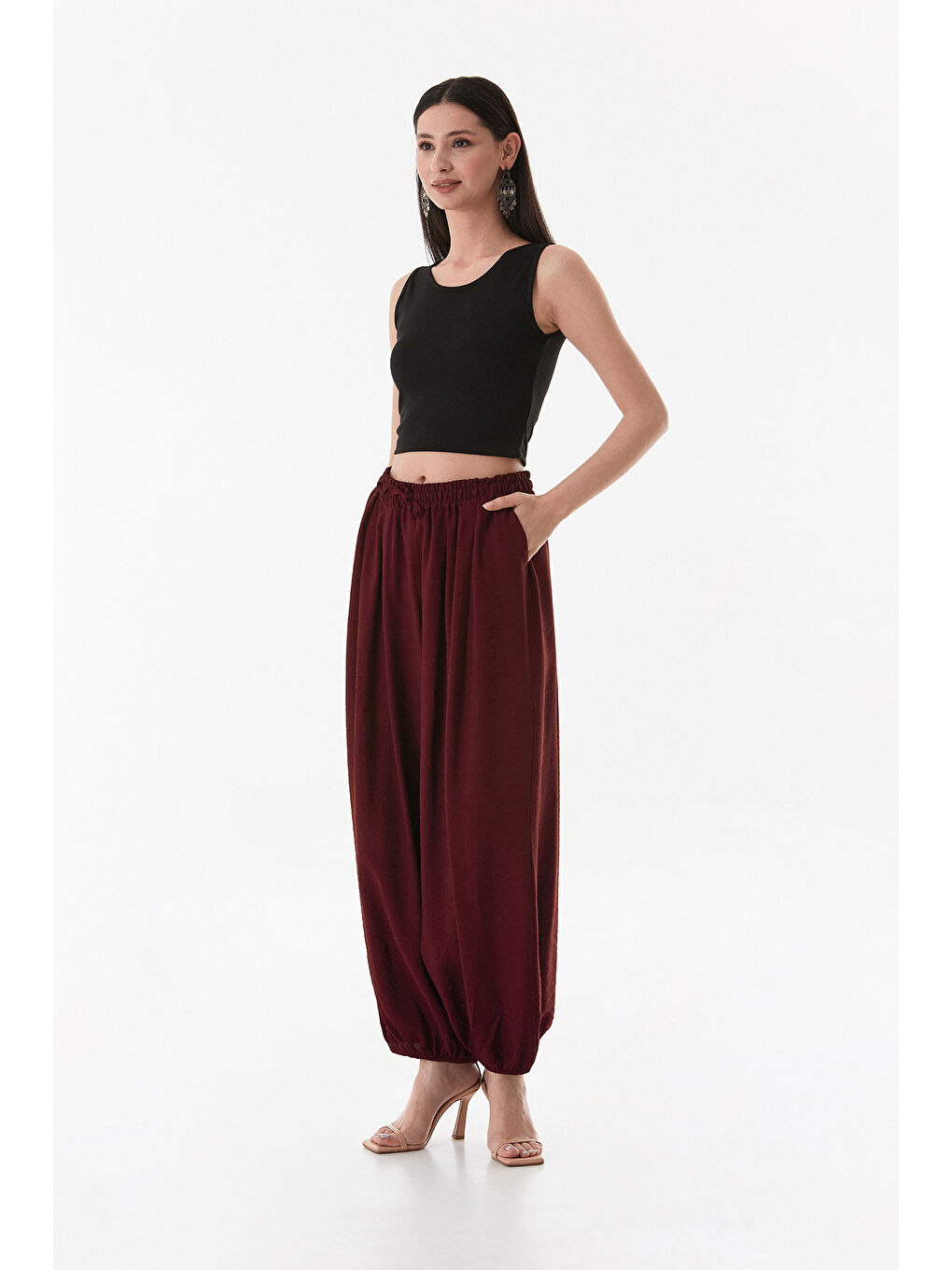 Bordo Beli Ve Paçası Lastikli Şalvar Pantolon-2