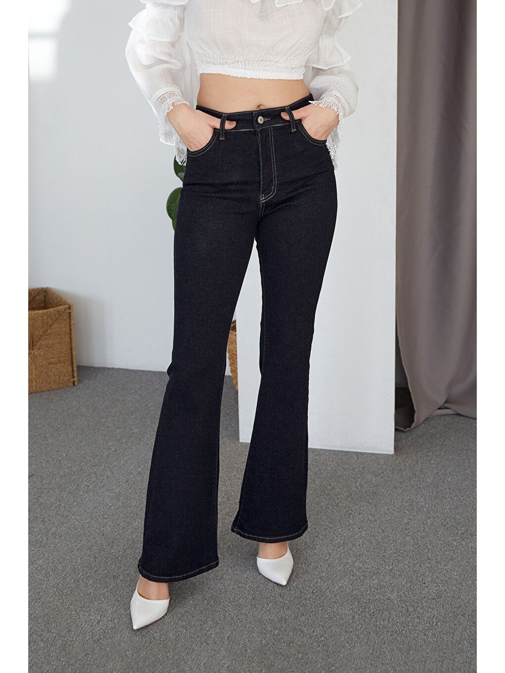 Lacivert Yüksek Bel Flare Jean