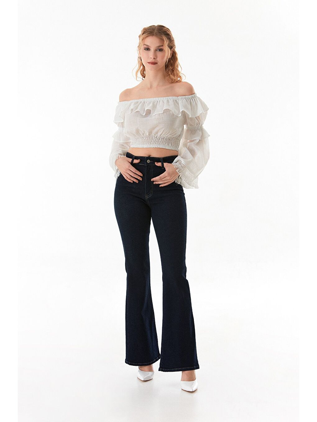 Lacivert Yüksek Bel Flare Jean-1